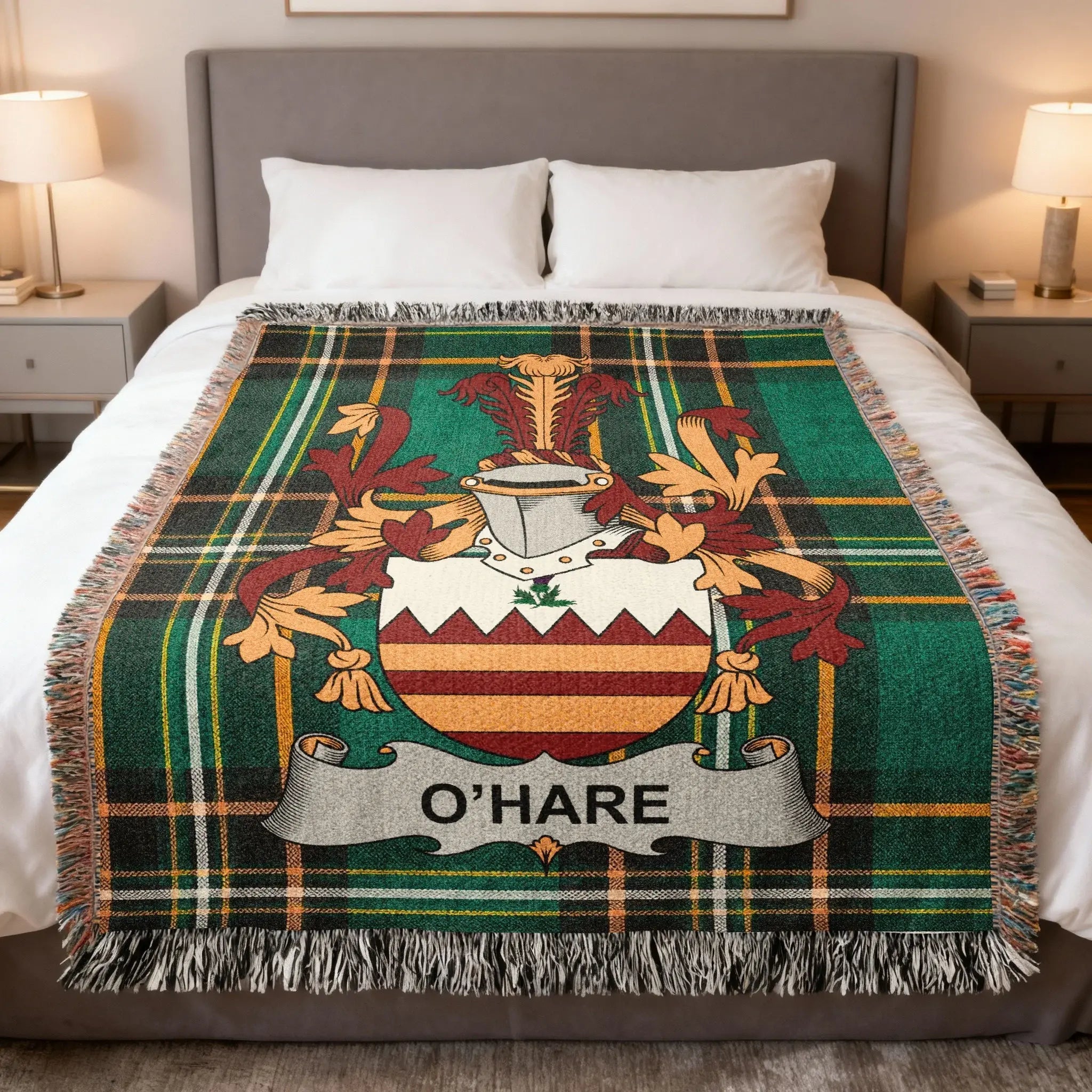 O'Hare family crest woven blanket featuring the Irish national tartan