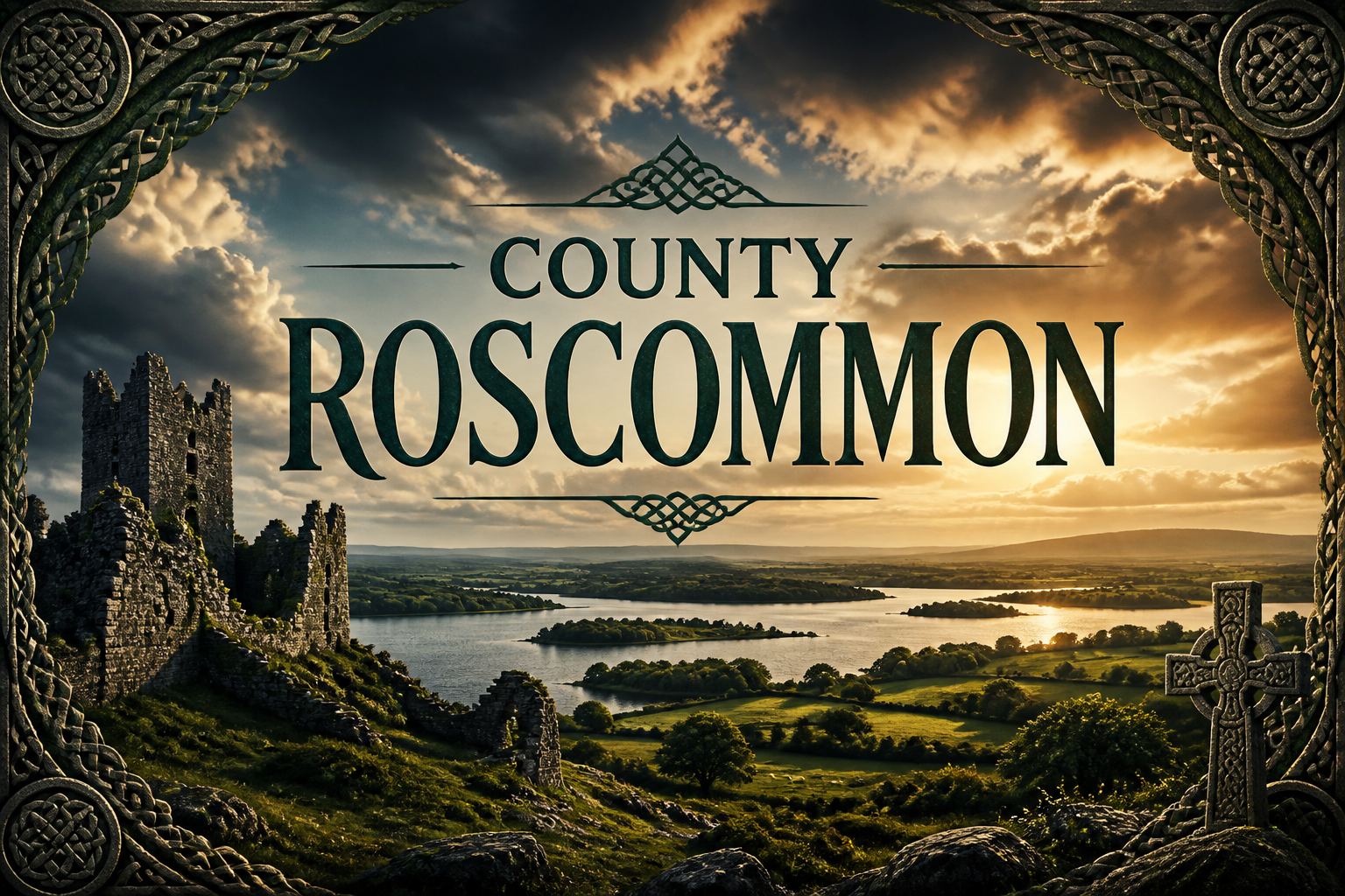 Castle ruins on a hill above a lough with Celtic cross and rolling Connacht landscape at golden sunset, County Roscommon, Ireland — Celtic Ancestry Gifts