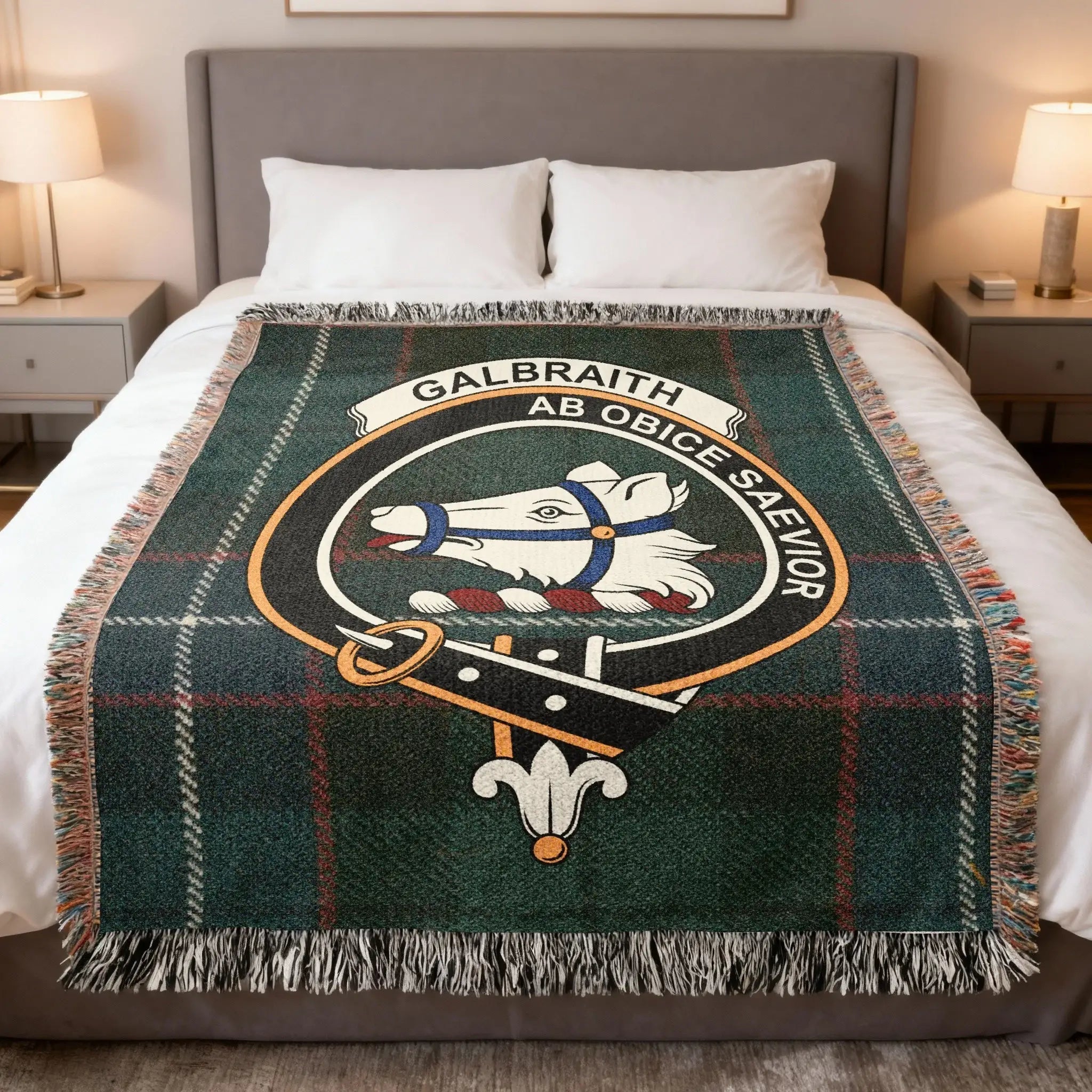 Galbraith clan Scottish tartan woven blanket representing Lennox heritage and the motto Ab Obice Saevior