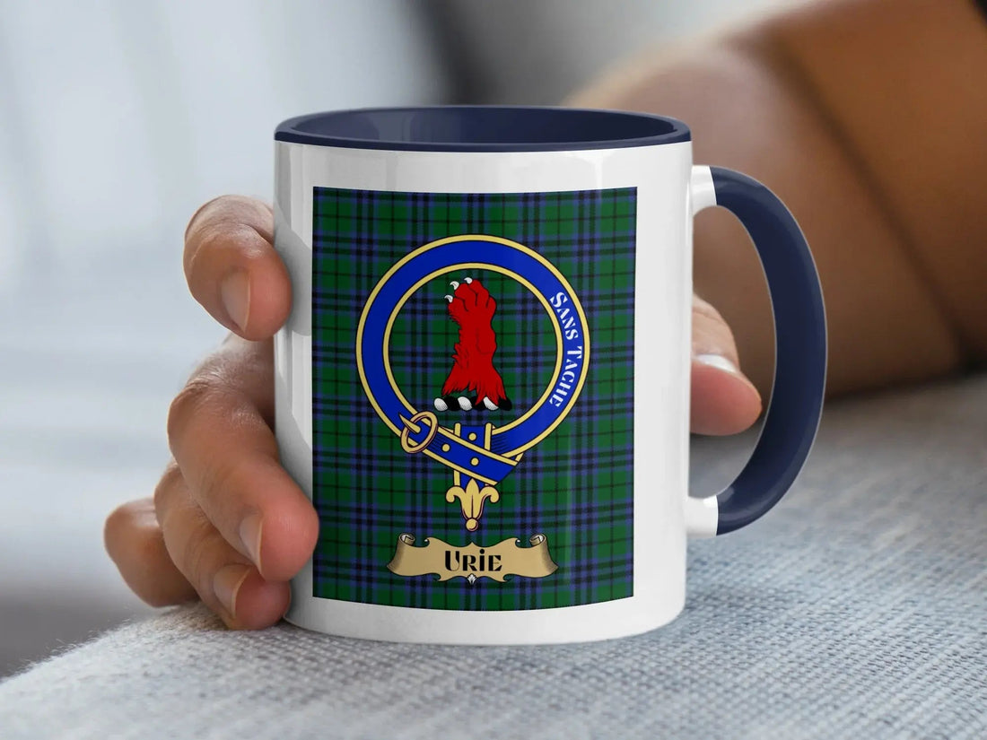 Urie heritage mug printed with the family crest over a woven tartan background, a keepsake for a Kincardineshire place-name surname