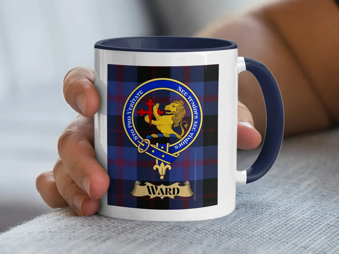 Ward family crest mug on a woven tartan design, a ceramic keepsake for a watchman's surname recorded in Scotland