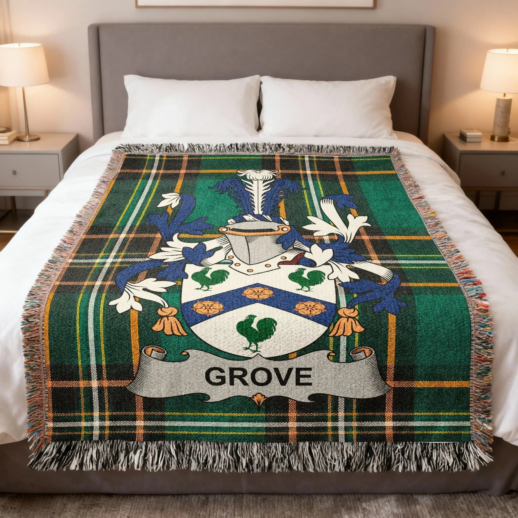 Grove family woven blanket with a family crest on Irish tartan, celebrating Grove Irish heritage