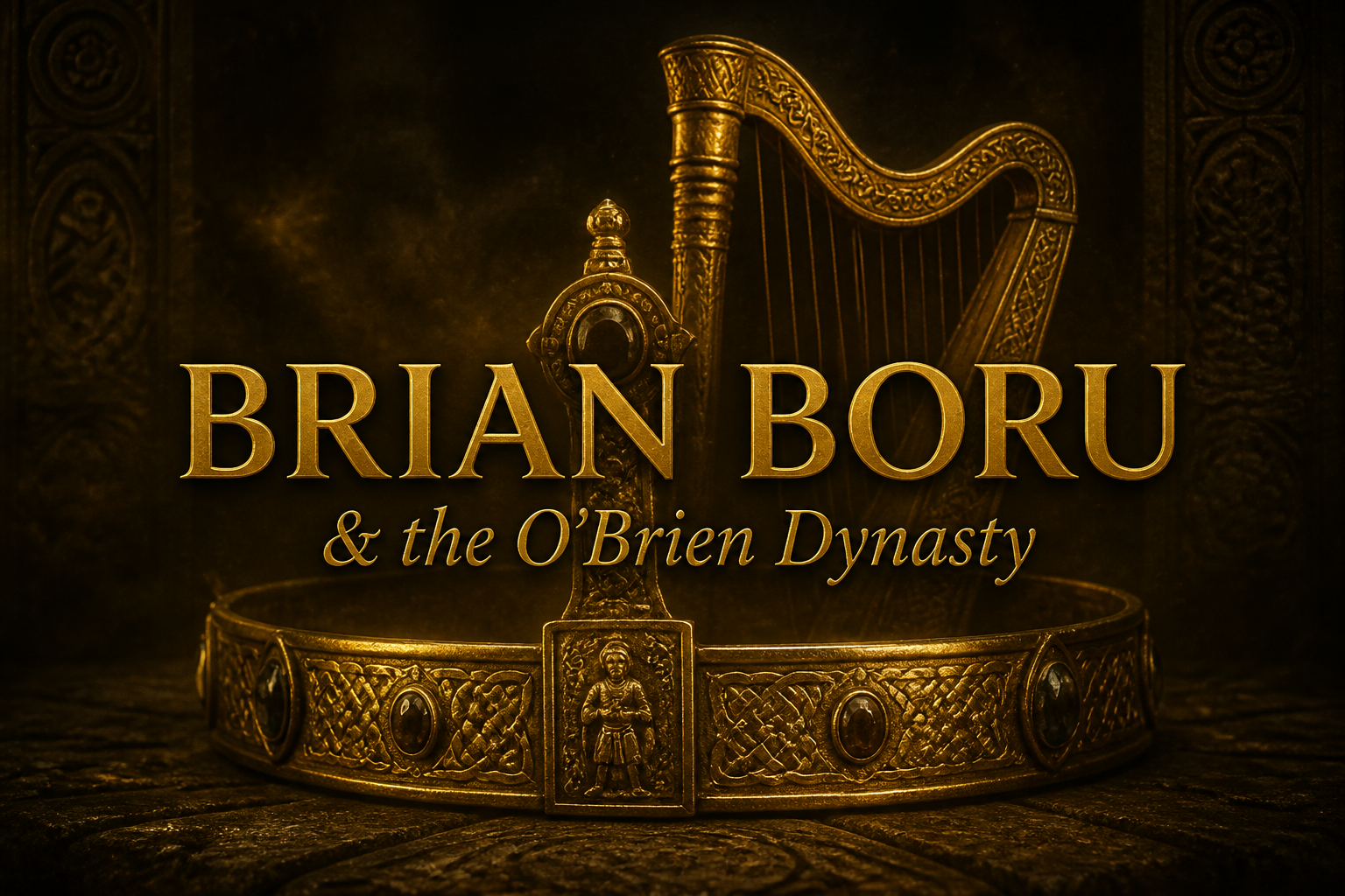 An ornate golden Irish crown before a Gaelic harp on ancient stone, evoking the high king Brian Boru and the O'Brien dynasty