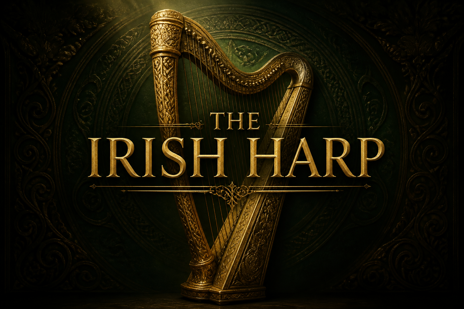 An ornate golden Gaelic Irish harp on a deep green heritage background