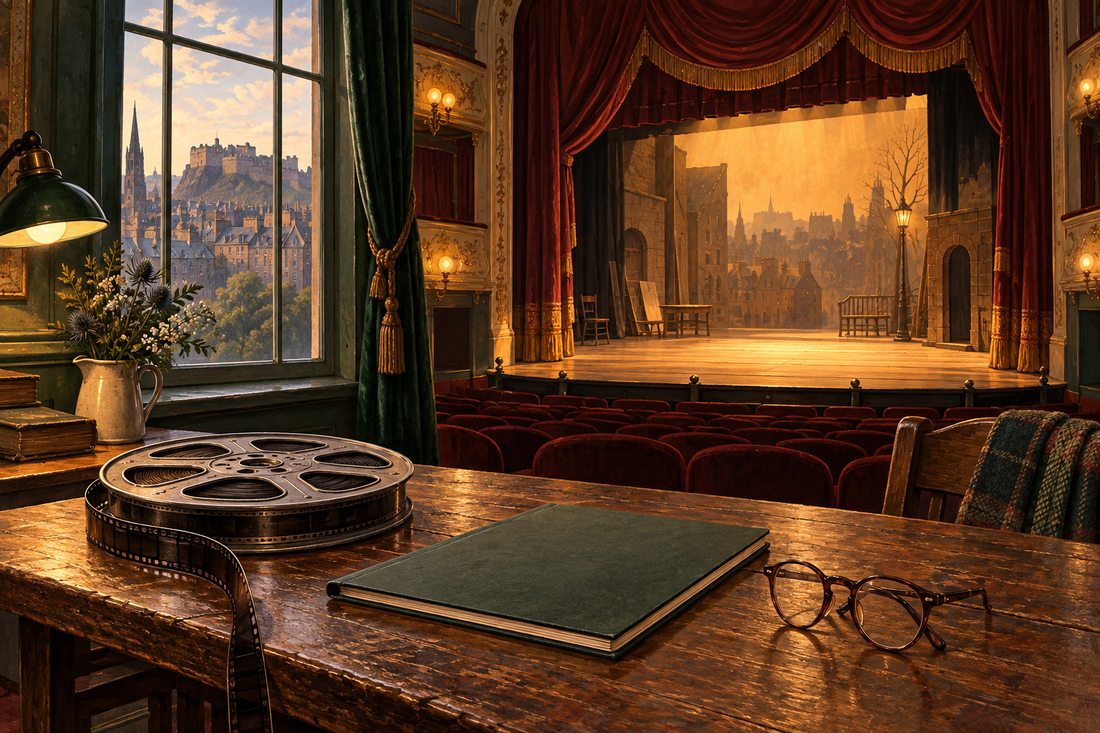 Interpretive illustration of an Edinburgh theatre, with a film reel, script and spectacles