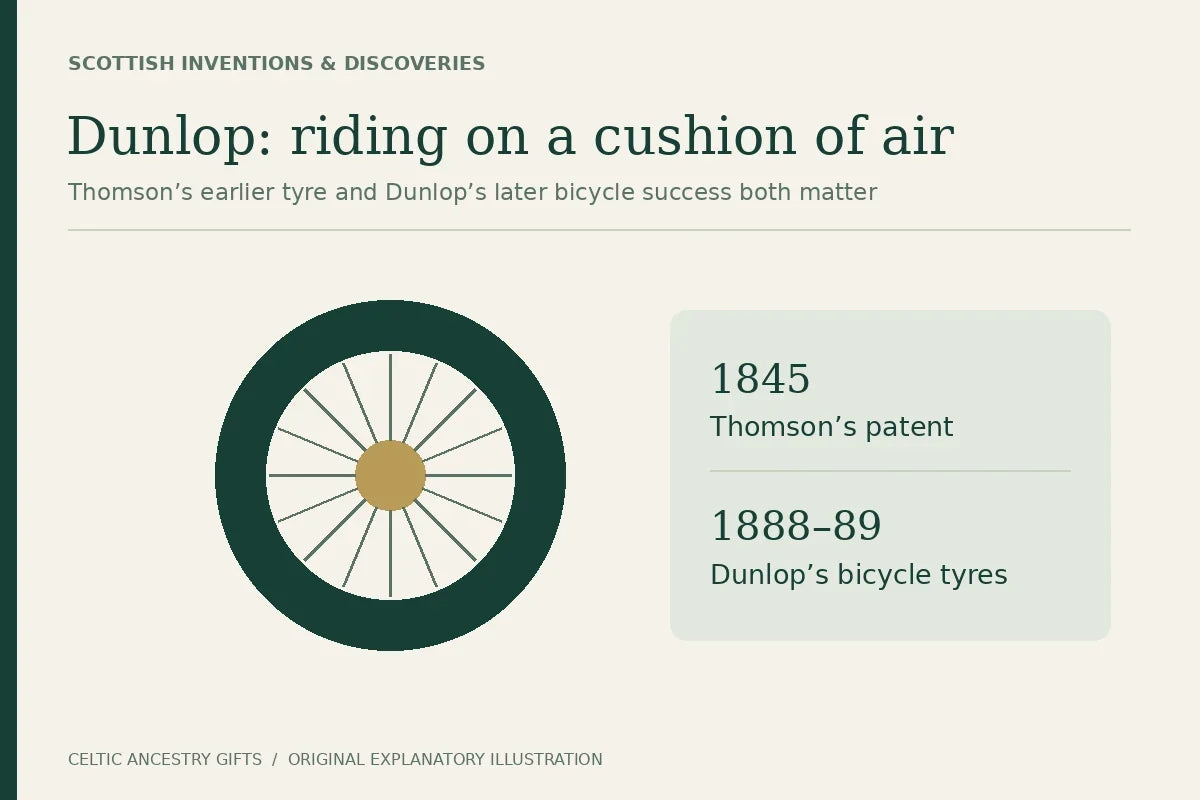 Illustrated pneumatic bicycle wheel beside milestones for Thomson’s 1845 patent and Dunlop’s 1888–89 bicycle-tyre development.