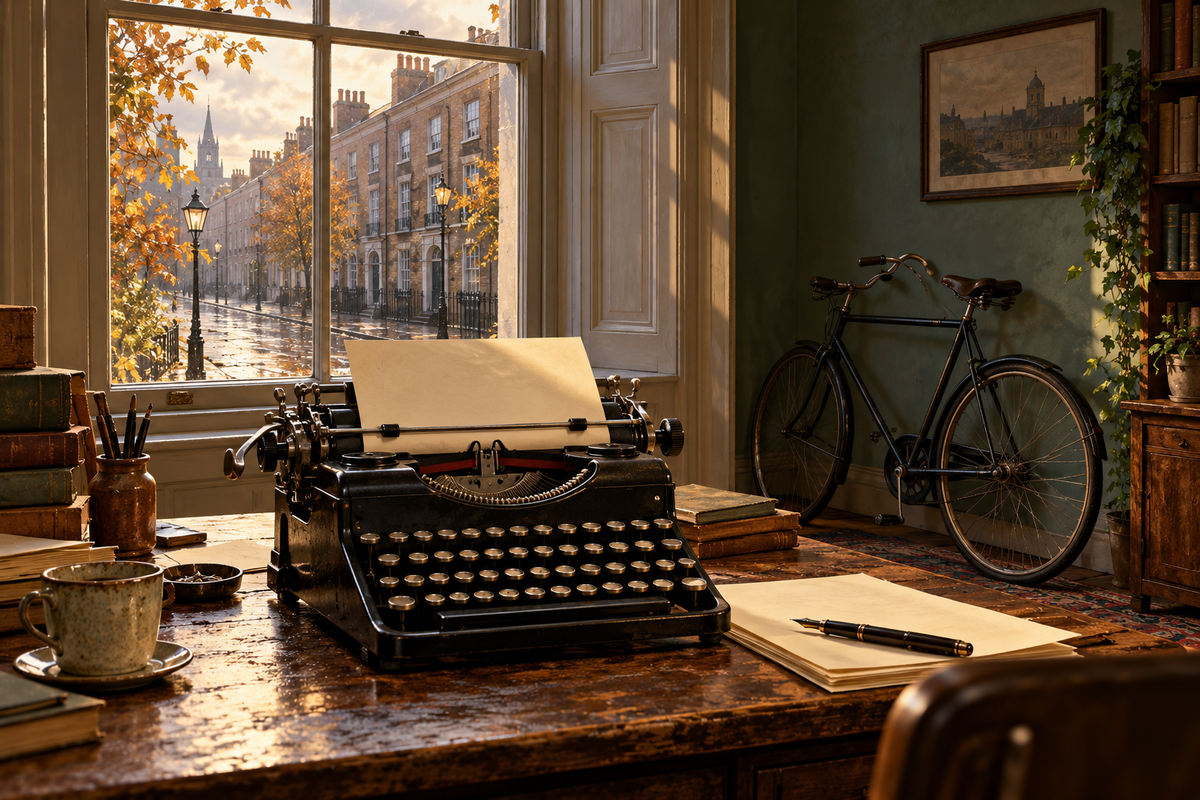 Interpretive illustration of a Dublin writing desk, typewriter and bicycle, inspired by Flann O’Brien’s fiction