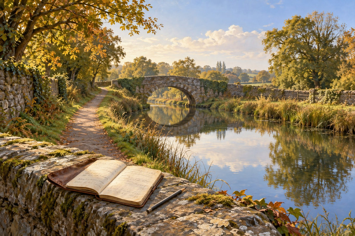 Interpretive illustration of a notebook beside an autumn canal and stone bridge inspired by Hamilton’s Dublin walk