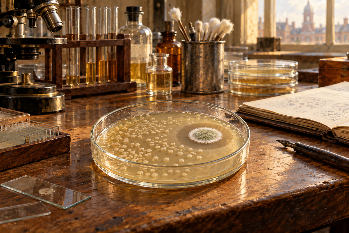 Interpretive illustration of a 1928 bacteriology workbench and a mould clearing bacteria in a culture dish