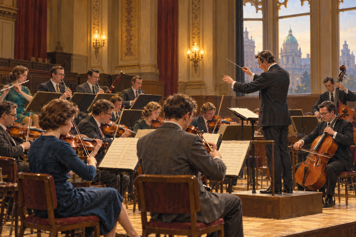 Interpretive illustration of a 1960s Belfast orchestra rehearsal
