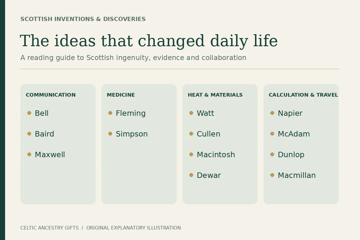 Reading-guide illustration grouping thirteen Scottish inventors and scientists by communication, medicine, heat and materials, and calculation and travel.