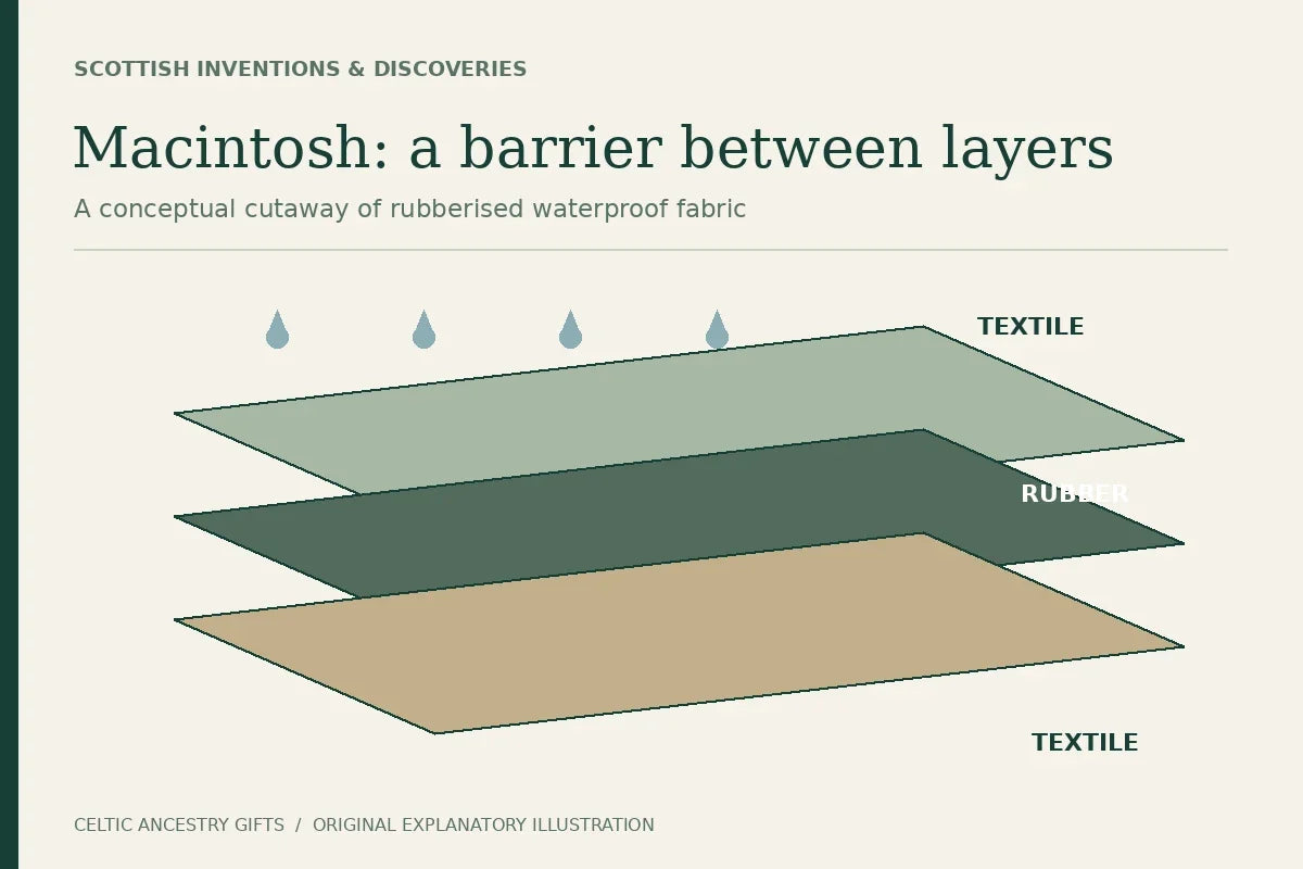 Exploded conceptual cutaway showing a rubber barrier sandwiched between two textile layers, with rain above the outer fabric.