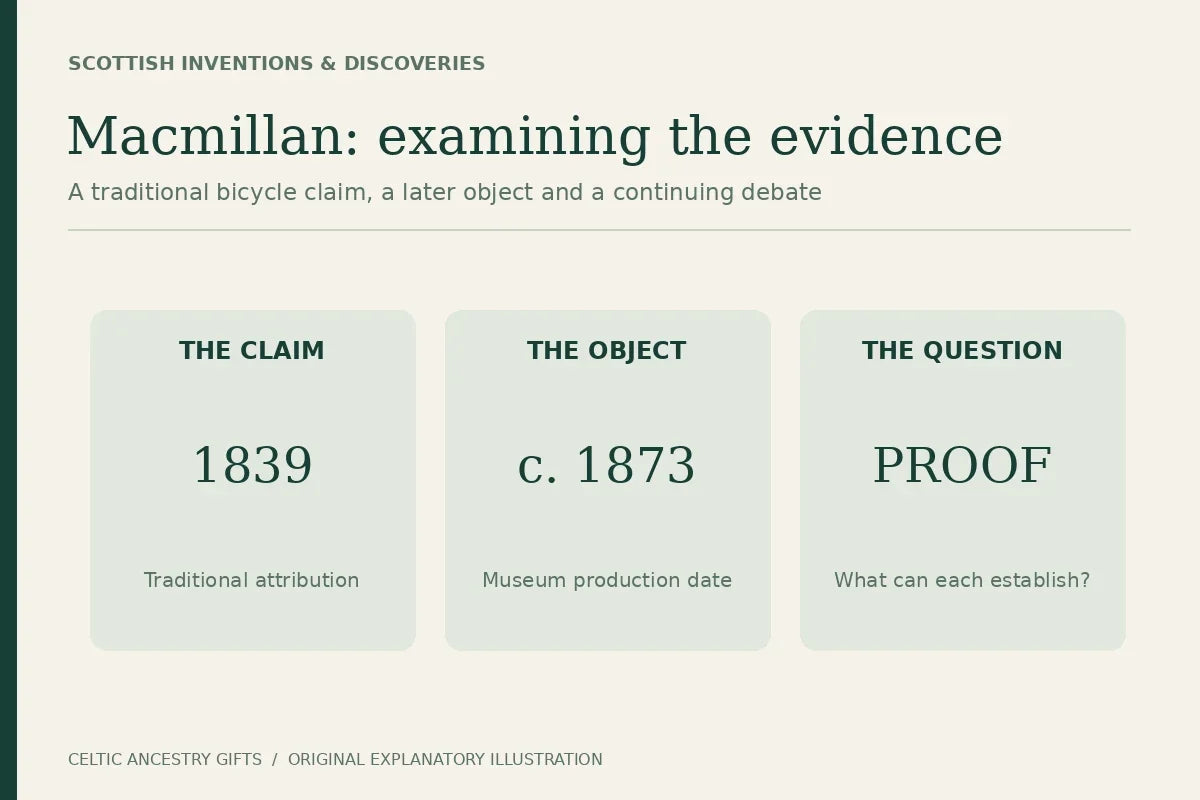 Evidence comparison: a traditional 1839 claim, the Science Museum’s circa-1873 bicycle object and the question of what each can prove.