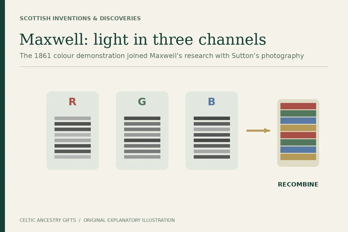 Modern colour-channel illustration showing three monochrome records labelled red, green and blue recombined into a striped colour image; it is not the historical photograph.