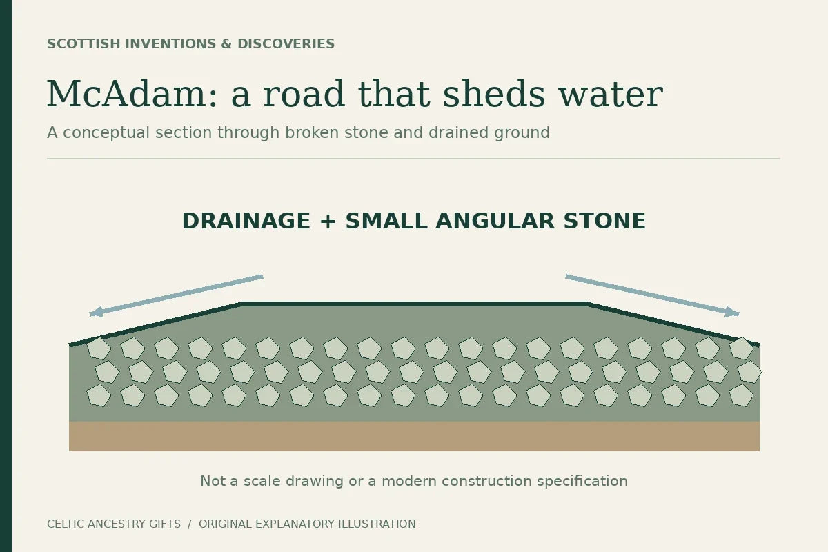 Conceptual road section showing small angular stones, supporting ground and water draining away from the surface.