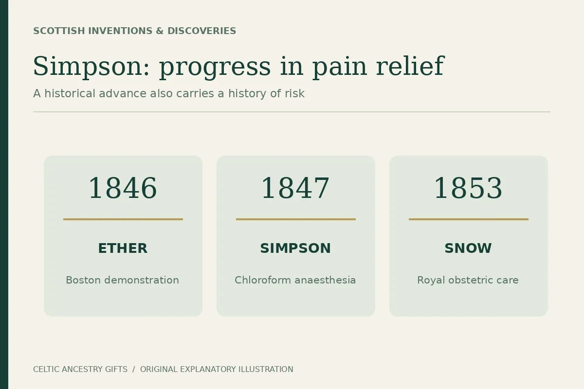 Medical-history timeline distinguishing the 1846 ether demonstration, Simpson’s 1847 chloroform work and John Snow’s 1853 royal obstetric care.