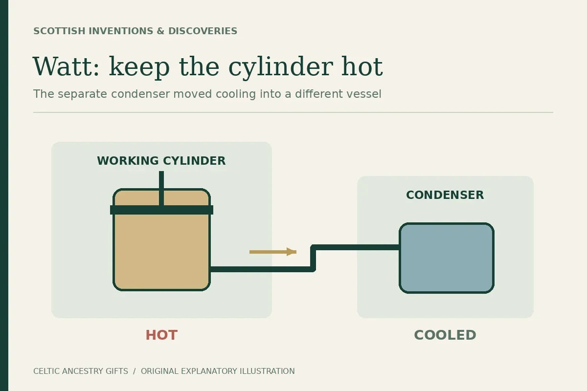 Simplified diagram of Watt’s principle: a hot working cylinder connected to a separately cooled condenser, rather than one cylinder repeatedly heated and cooled.