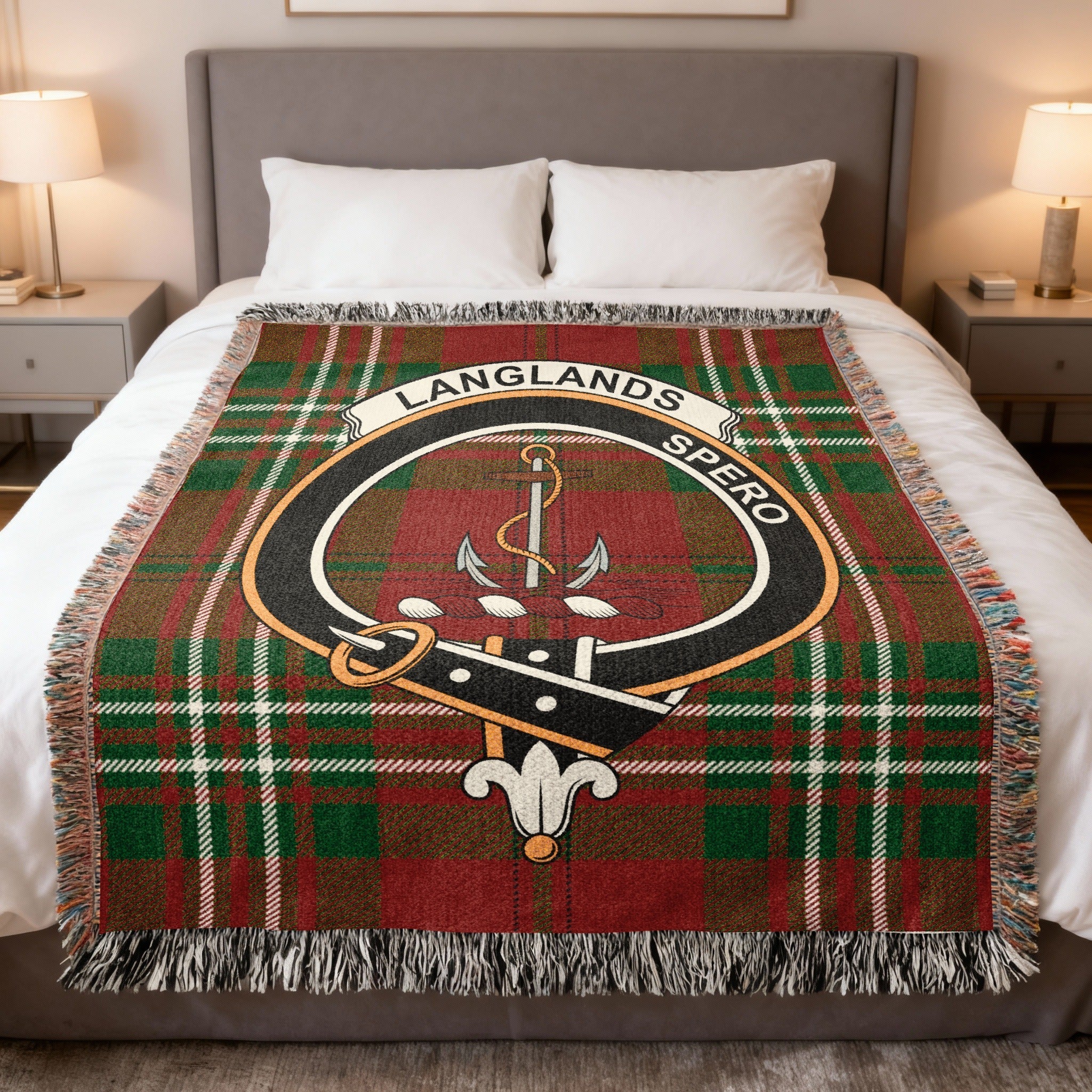 Clan Langlands tartan woven blanket — celebrating the history, motto Spero, and Clydesdale origins of the Langlands family of Scotland