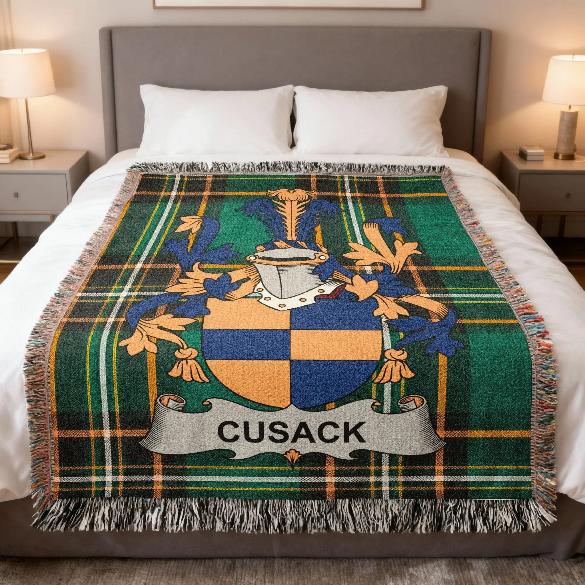 Cusack Irish heritage woven blanket — celebrating the Norman origins and Clare heritage of the Cusack family