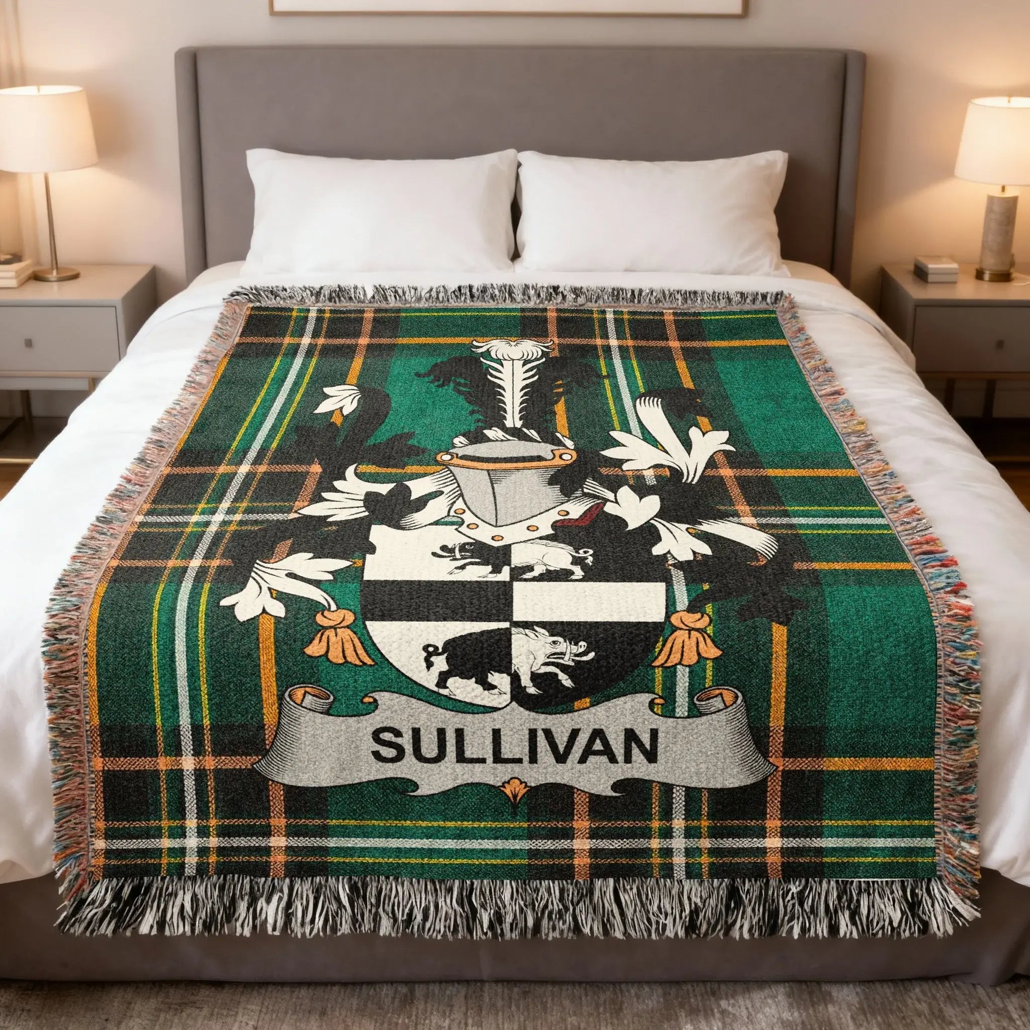 Sullivan Irish heritage woven blanket — celebrating the history, origins, and Gaelic roots of the Ó Súileabháin surname from the Beara Peninsula of Cork and Kerry