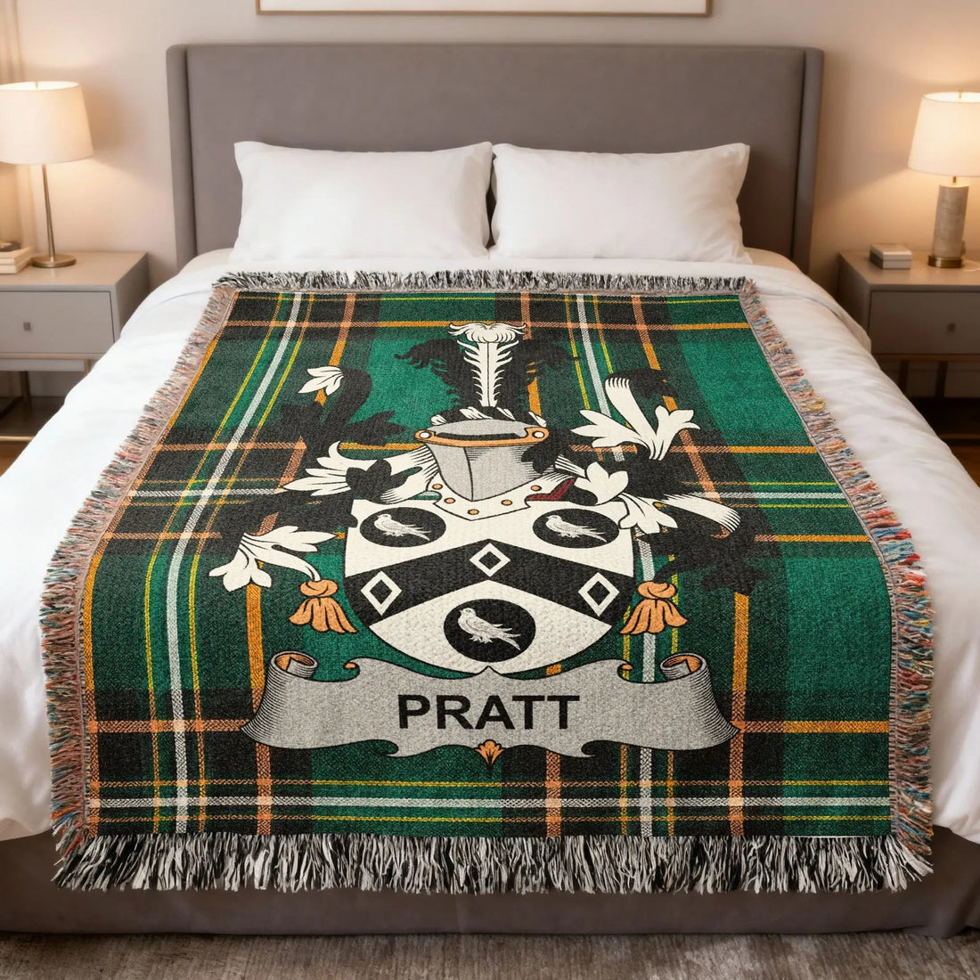 Pratt Irish heritage woven blanket featuring the Pratt family crest on the Irish national tartan