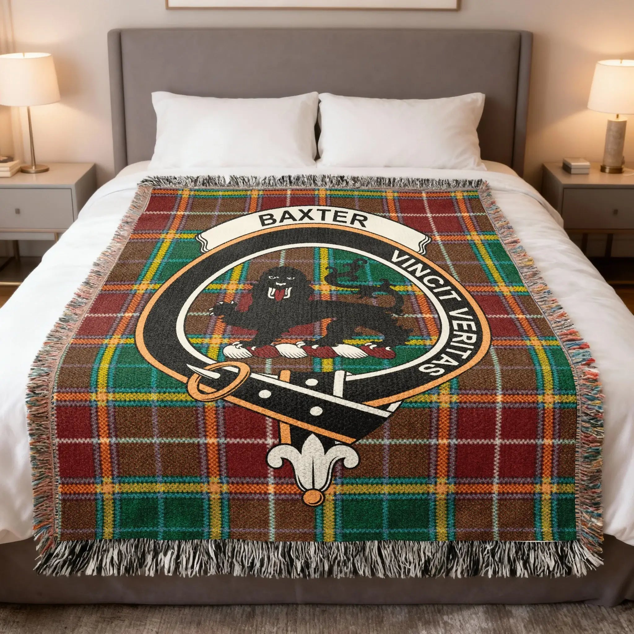 Baxter clan Scottish tartan woven blanket Vincit Veritas