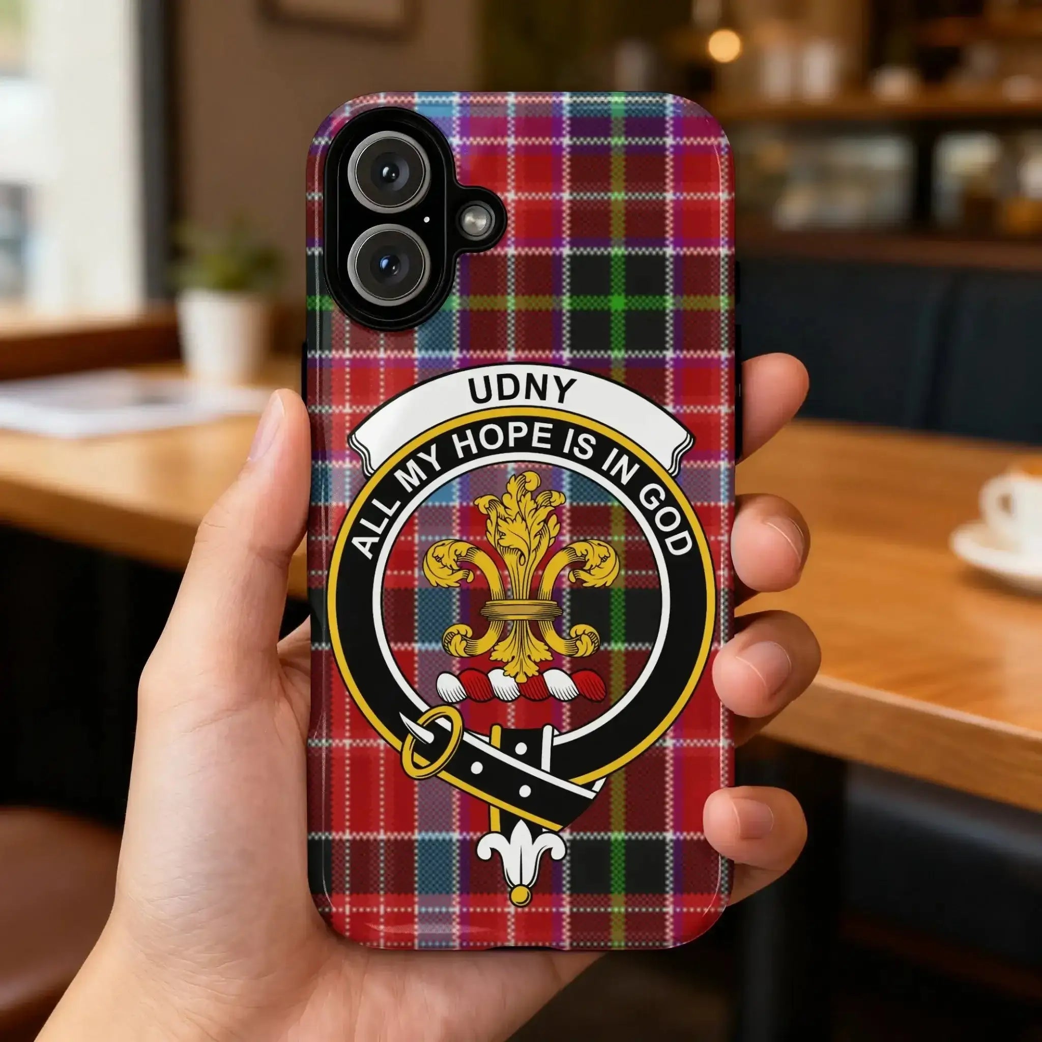 Udny Clan Scottish tartan & crest with motto "All my hope is in God"