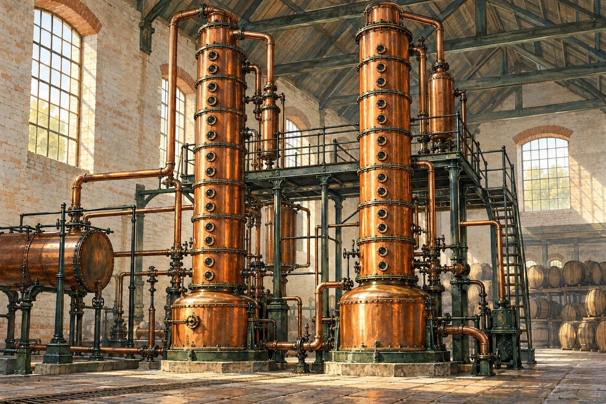 Original interpretive illustration of paired copper distillation columns; not Coffey's original apparatus