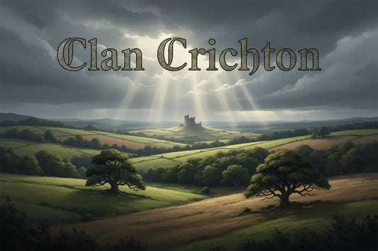 Scottish Lowlands landscape near Midlothian with rolling farmland and distant stone tower, featuring the text “Clan Crichton,” representing the historic Lowland Scottish clan