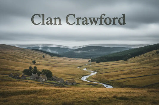 Scottish Lowlands countryside with rolling green hills and river valley, featuring the text “Clan Crawford,” representing the historic Lowland Scottish clan of Lanarkshire and Ayrshire