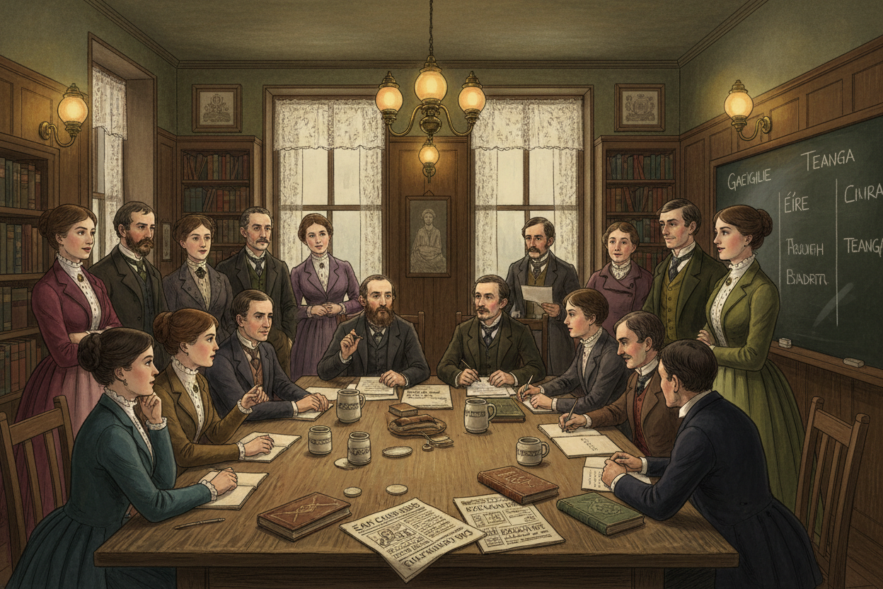 Douglas Hyde and Eoin MacNeill meeting with Irish language scholars at the founding of the Gaelic League in Dublin in 1893.
