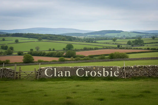 Scottish Lowlands farmland with rolling fields and stone dykes, featuring the text “Clan Crosbie,” representing a historic Lowland Scottish family from Dumfriesshire and Ayrshire