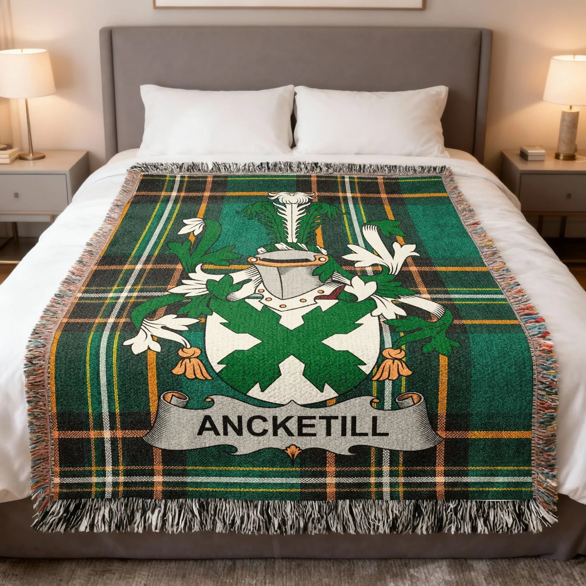 Ancketill family woven blanket with a family crest on Irish tartan, celebrating Ancketill County Monaghan heritage