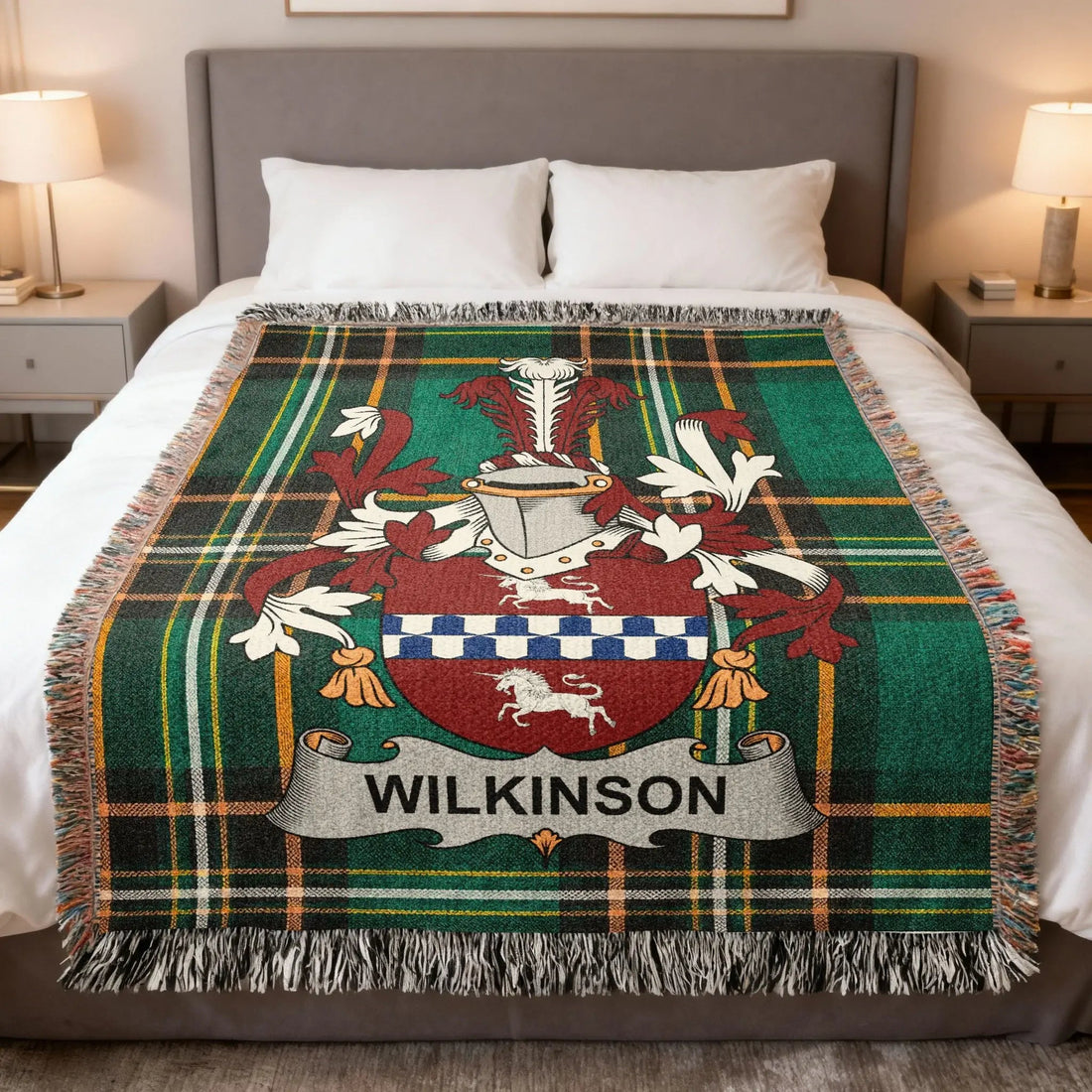 Wilkinson surname crest woven blanket on the Irish National Tartan, a heritage gift for a northern English patronymic settled in Scotland and Ulster