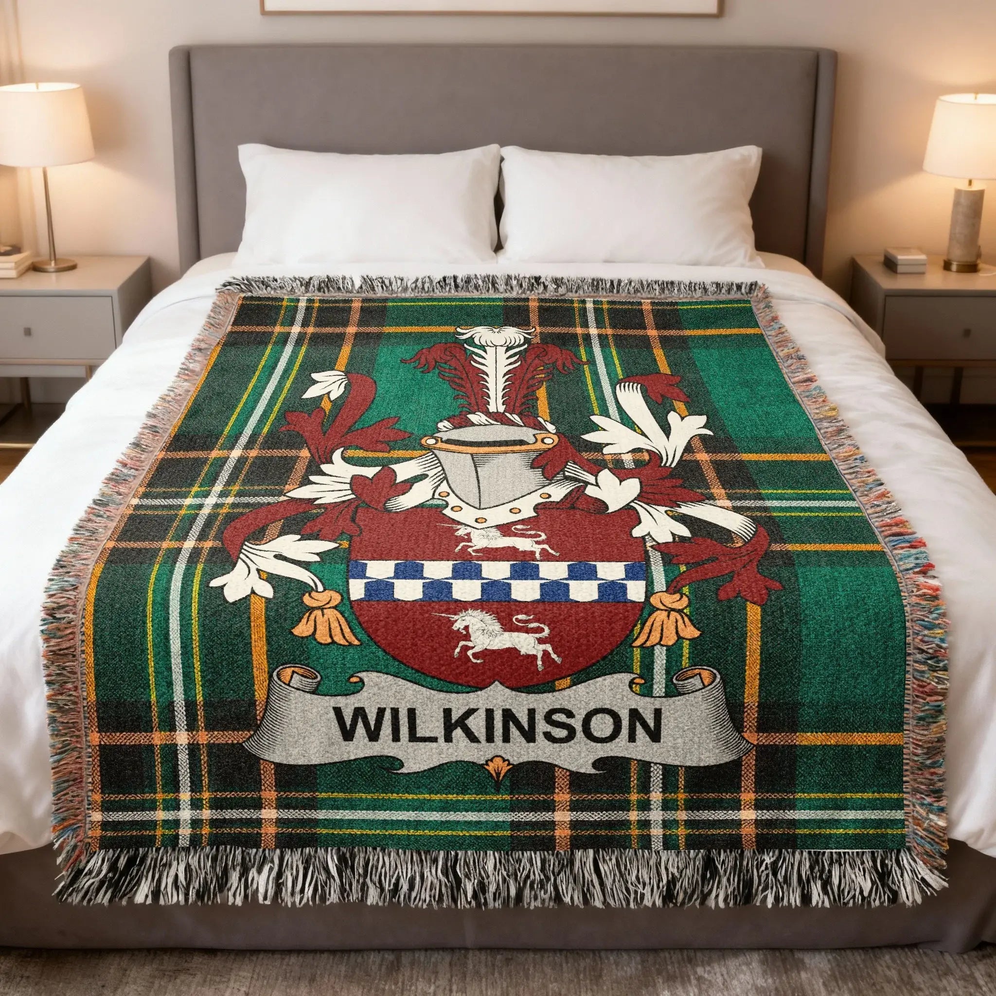 Wilkinson surname crest woven blanket on the Irish National Tartan, a heritage gift for a northern English patronymic settled in Scotland and Ulster