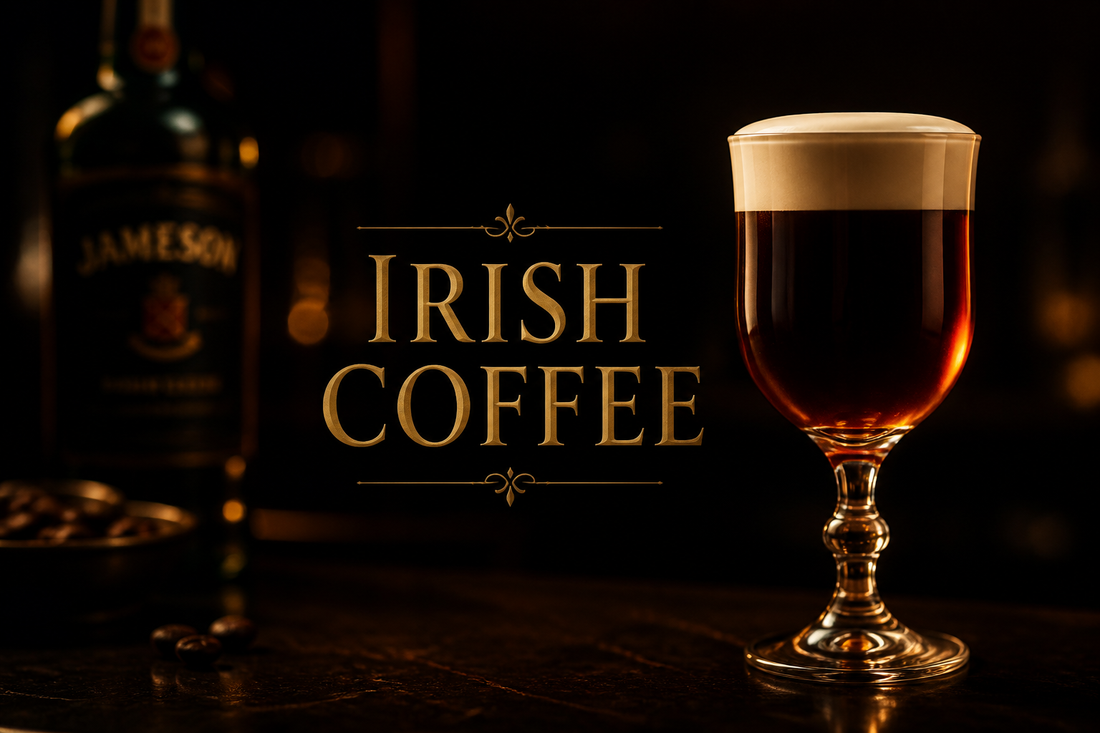 Stemmed glass of dark Irish coffee topped with floated cream, whiskey bottle glowing in shadow behind, moody bar-top still life