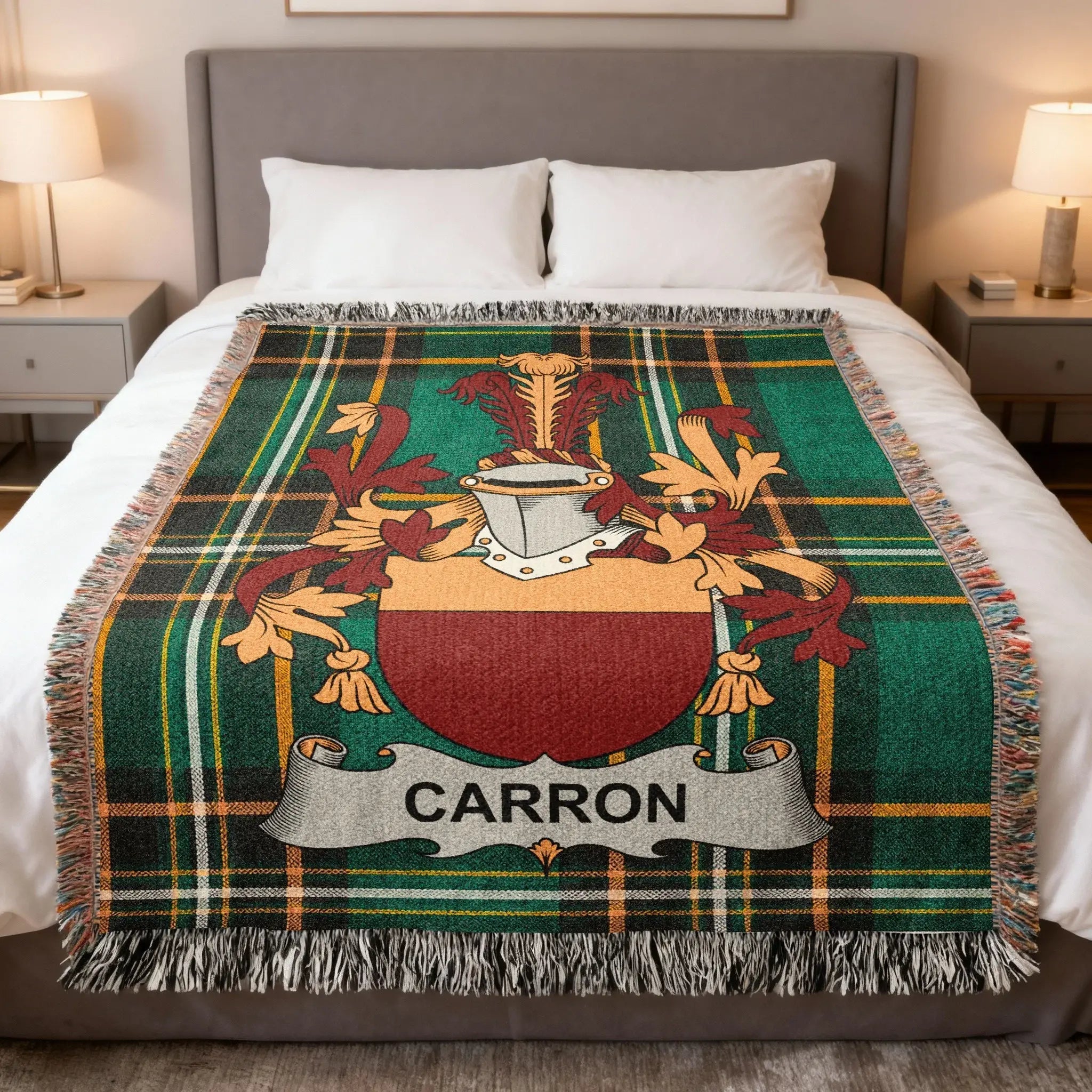 Carron family woven blanket with a family crest on Irish tartan, celebrating Carron Irish heritage