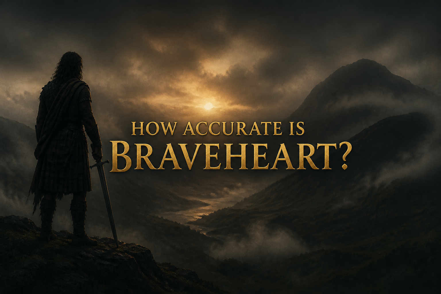 A lone Highland warrior with a claymore overlooking a misty glen at sunset, weighing the real history behind Braveheart