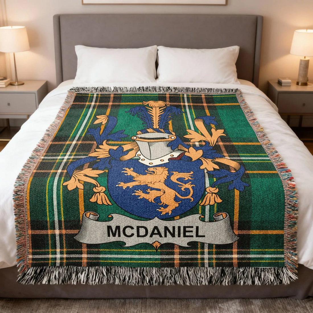 McDaniel Irish family crest woven blanket in the Irish national tartan