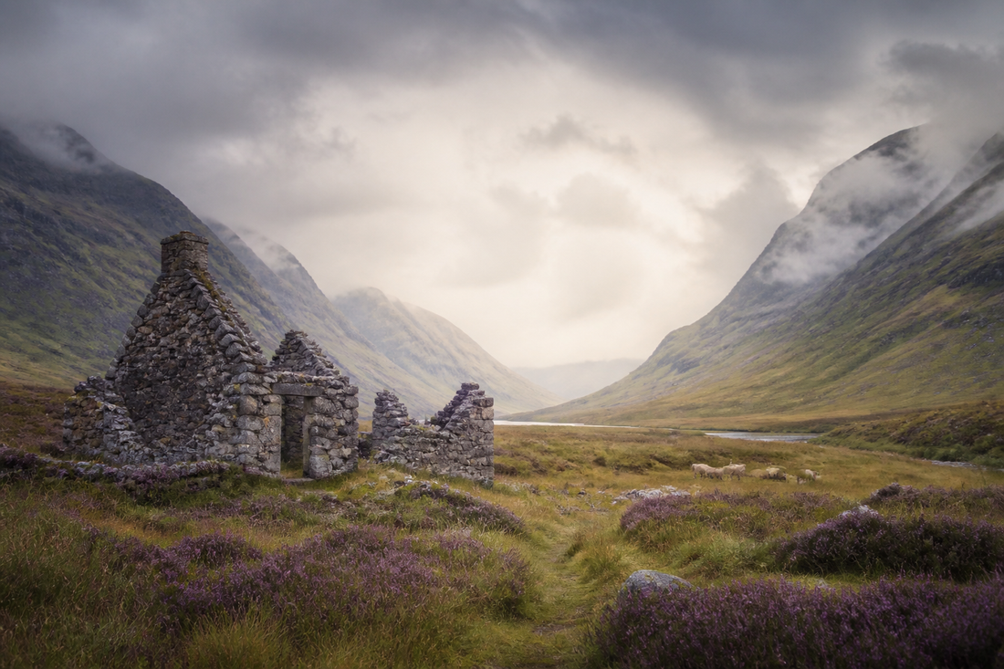 A ruined cottage in an empty Highland glen, depicting the Highland Clearances.