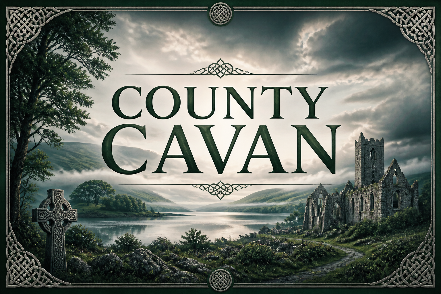 Abbey ruins and Celtic cross beside a misty lough with drumlins and woodland, County Cavan, Ireland — Celtic Ancestry Gifts