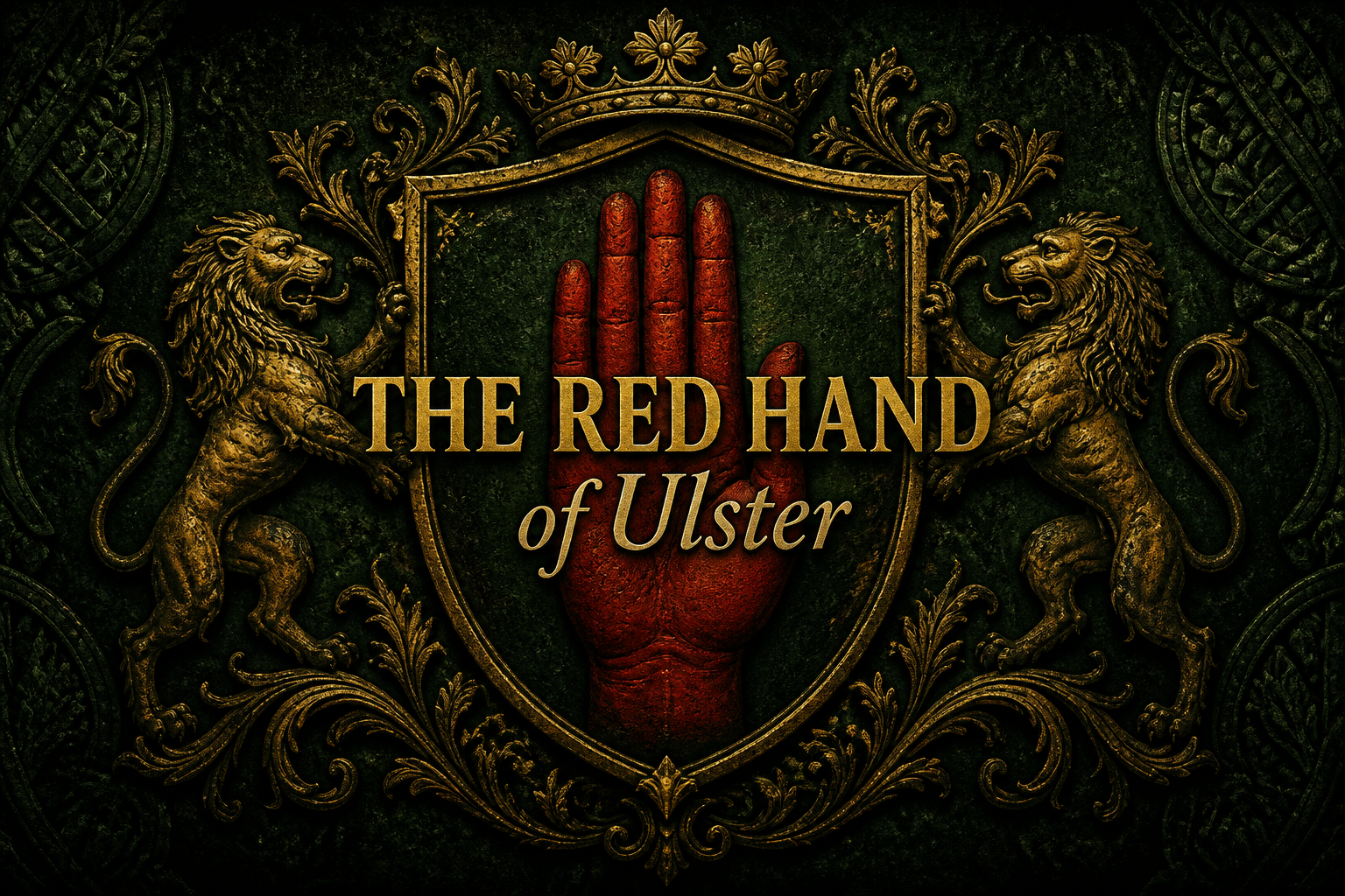 The Red Hand of Ulster on a gold heraldic shield flanked by two rampant lions on a dark green background