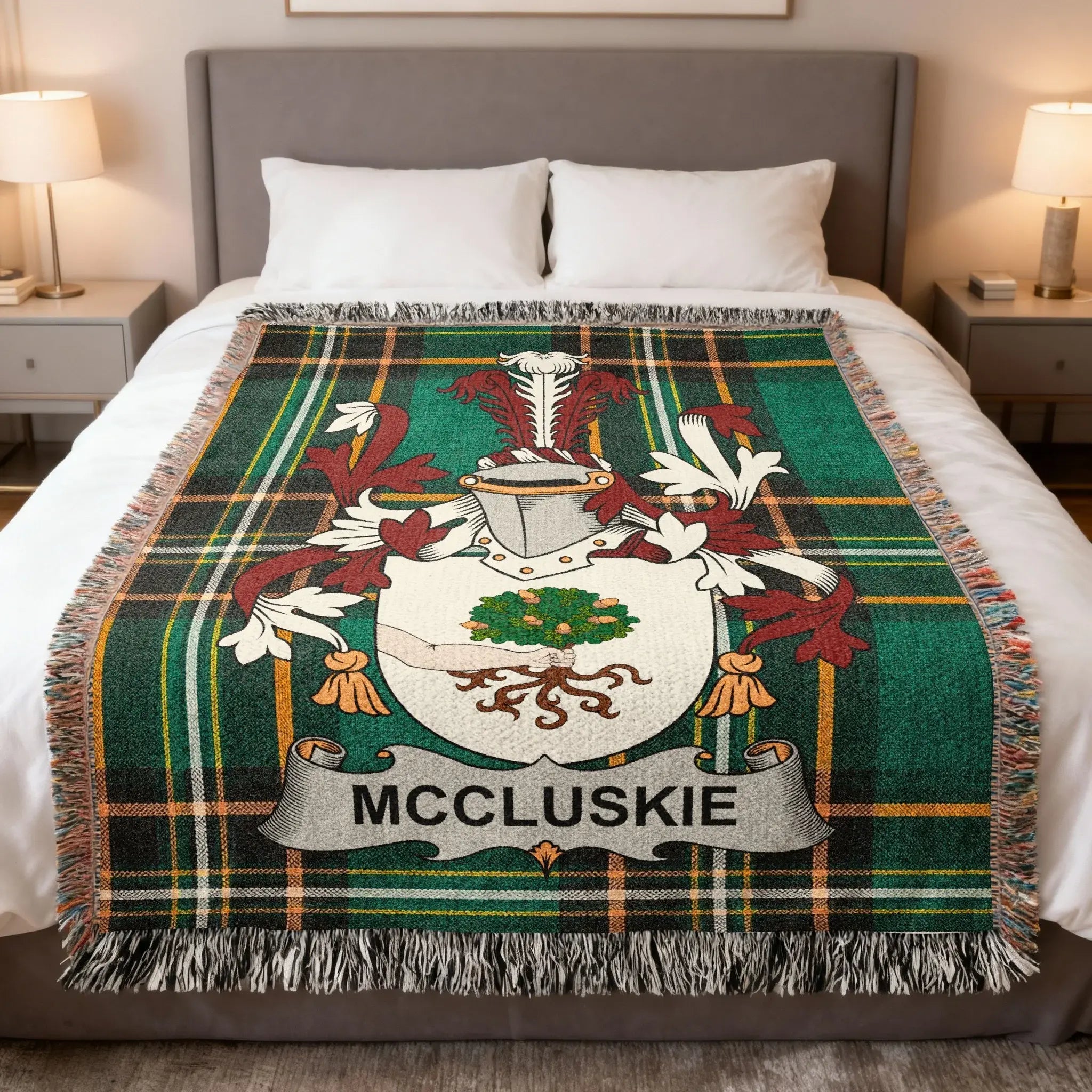McCluskie family crest woven blanket, Irish surname heritage design