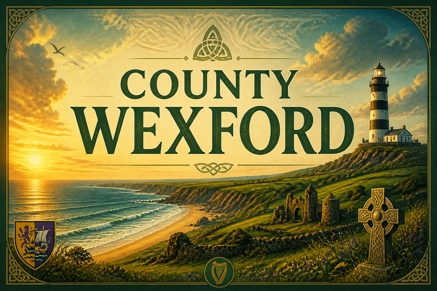 Coastal cliffs with lighthouse, abbey ruins and Celtic cross at sunset, County Wexford, Ireland — Celtic Ancestry Gifts