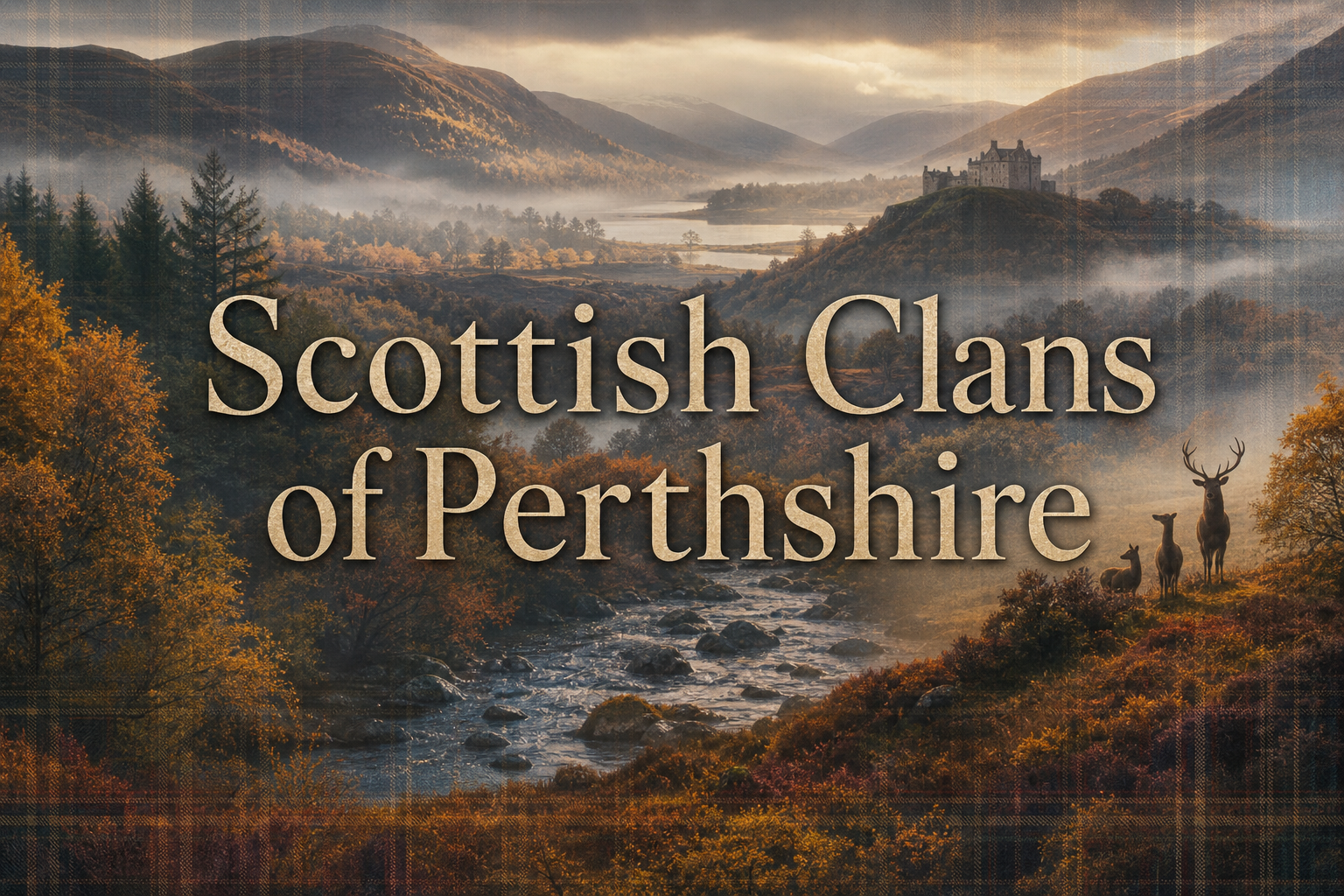 Scottish clans of Perthshire represented by autumn glens, rivers, forests, castles, and central Highland family history