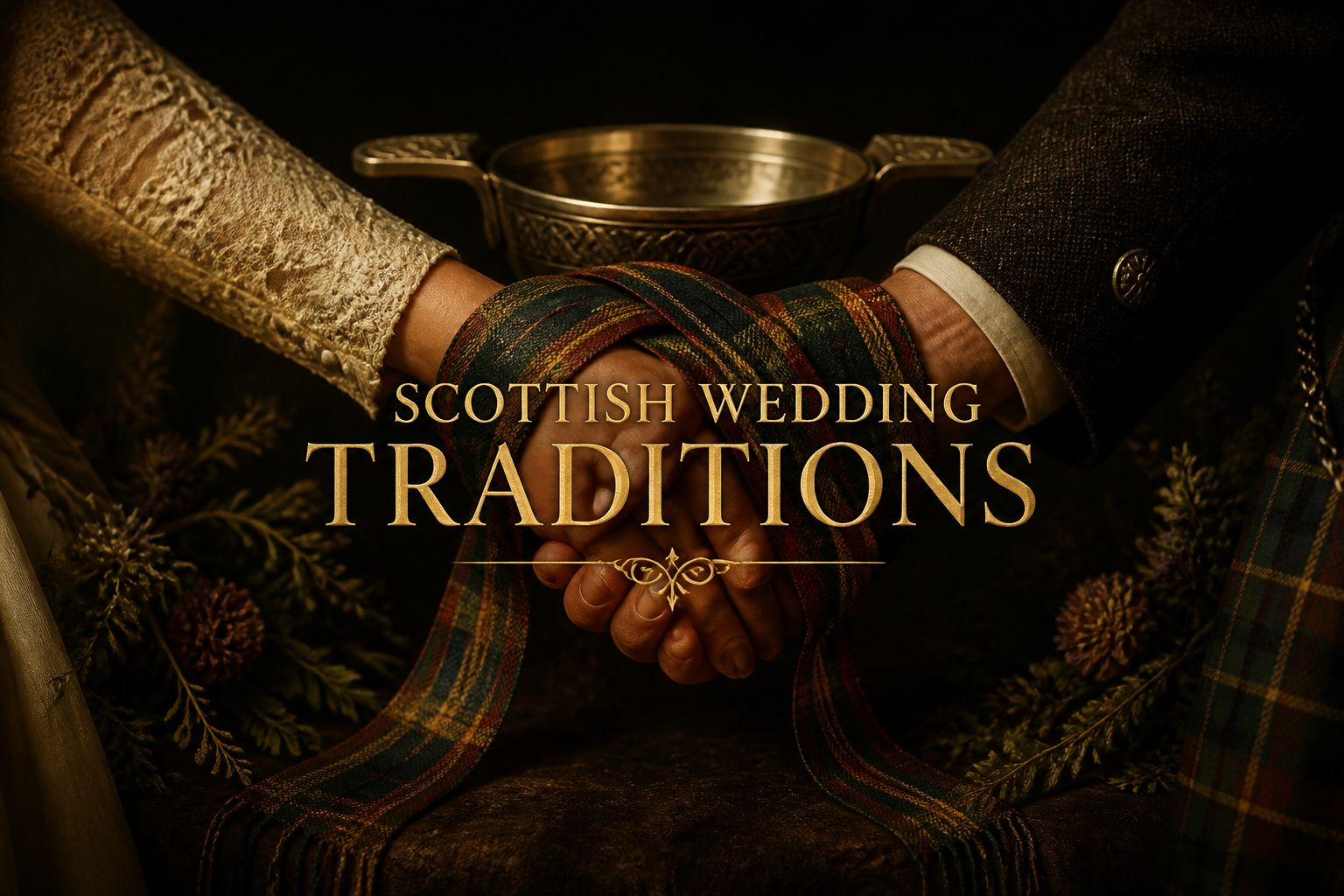 A couple's clasped hands bound with tartan ribbon before a silver quaich, symbolising Scottish wedding traditions