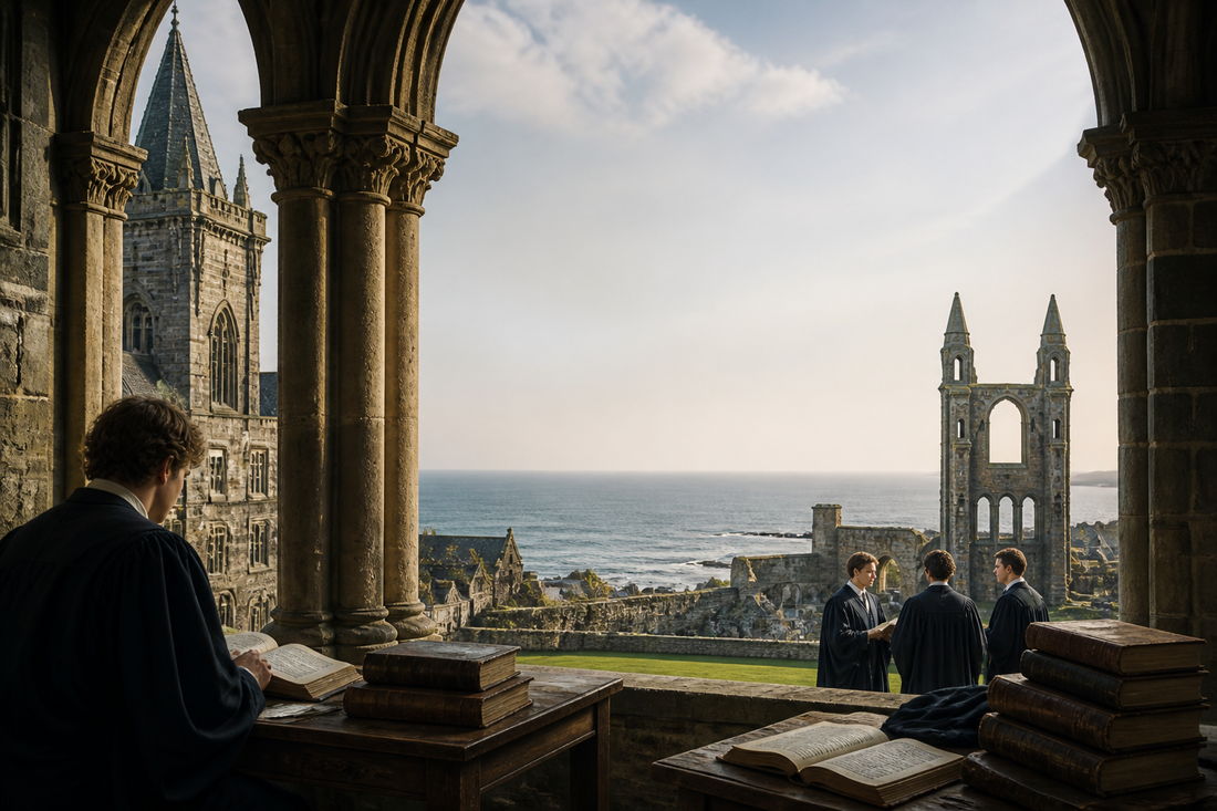 A view over the cathedral and coast of St Andrews, marking the founding of its university in 1413.