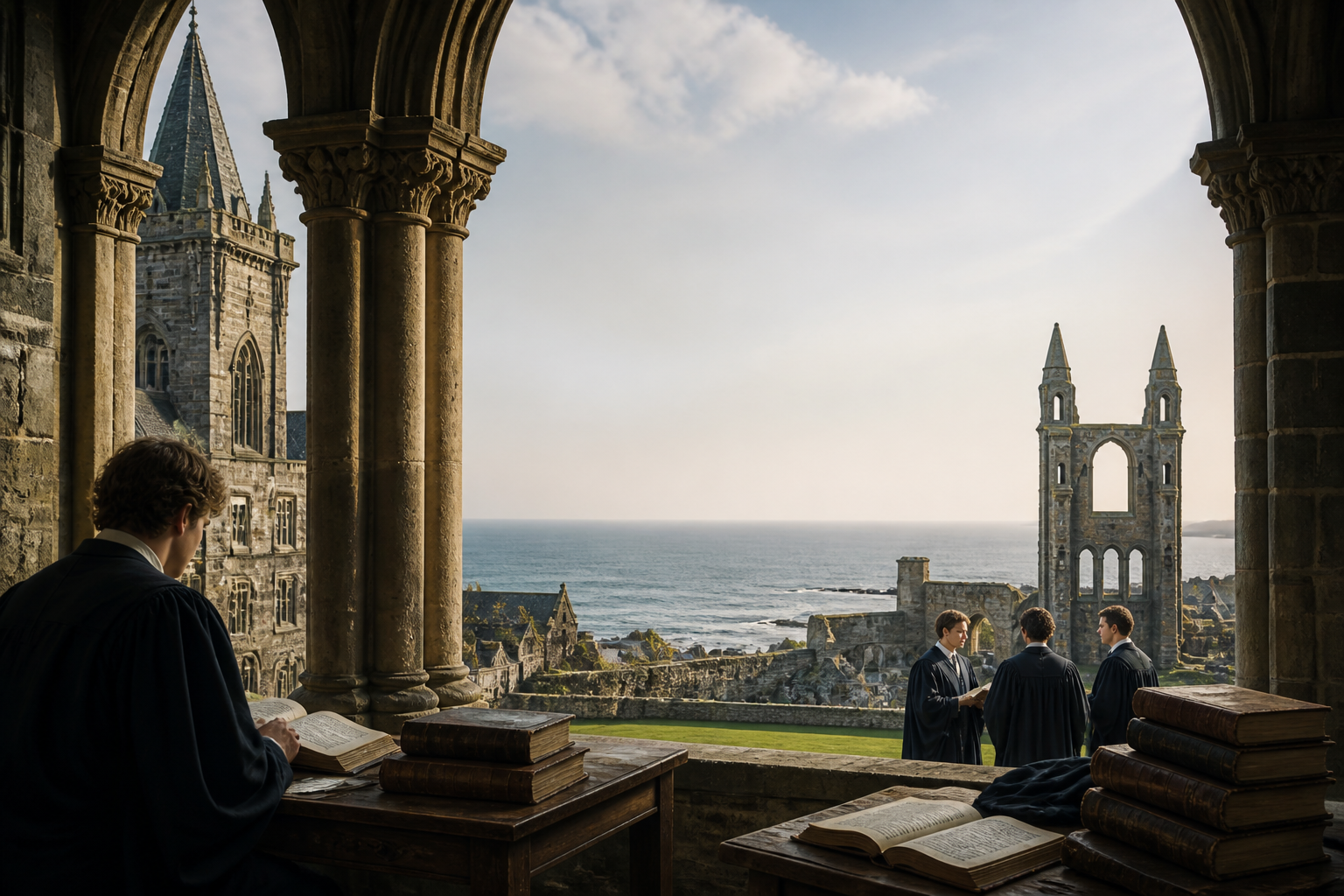 A view over the cathedral and coast of St Andrews, marking the founding of its university in 1413.