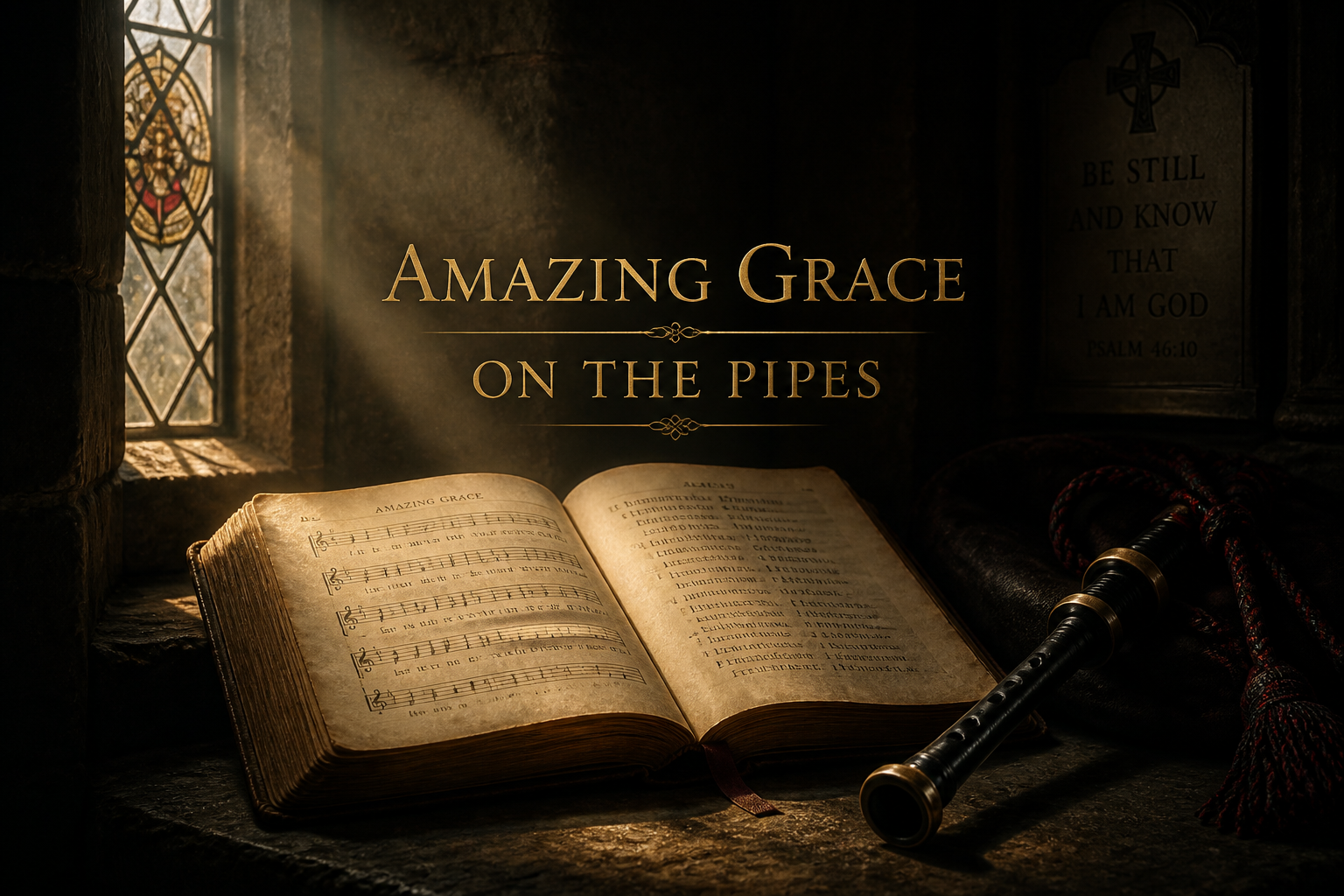 Open hymnal by a chapel stained-glass window with a bagpipe chanter in a golden light beam, evoking Amazing Grace on the pipes