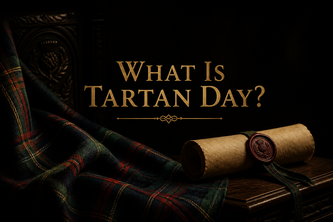 Green and red tartan draped by a wax-sealed parchment scroll on dark wood, heritage still life marking Scotland's Tartan Day